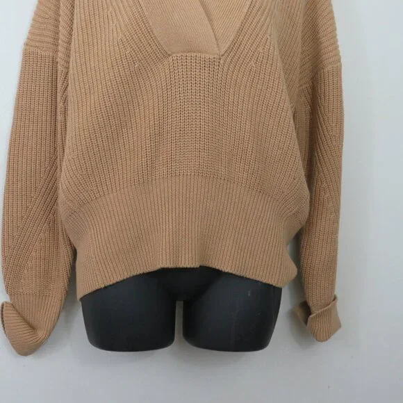 Brochu Walker size XS V Neck Wool Blend Sweater Ragaln Tan Knit Pullover Relaxed